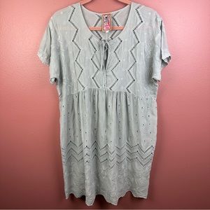 Johnny Was Gray Blue Cupra Floral Embroidered Short Sleeve Dress Size Large